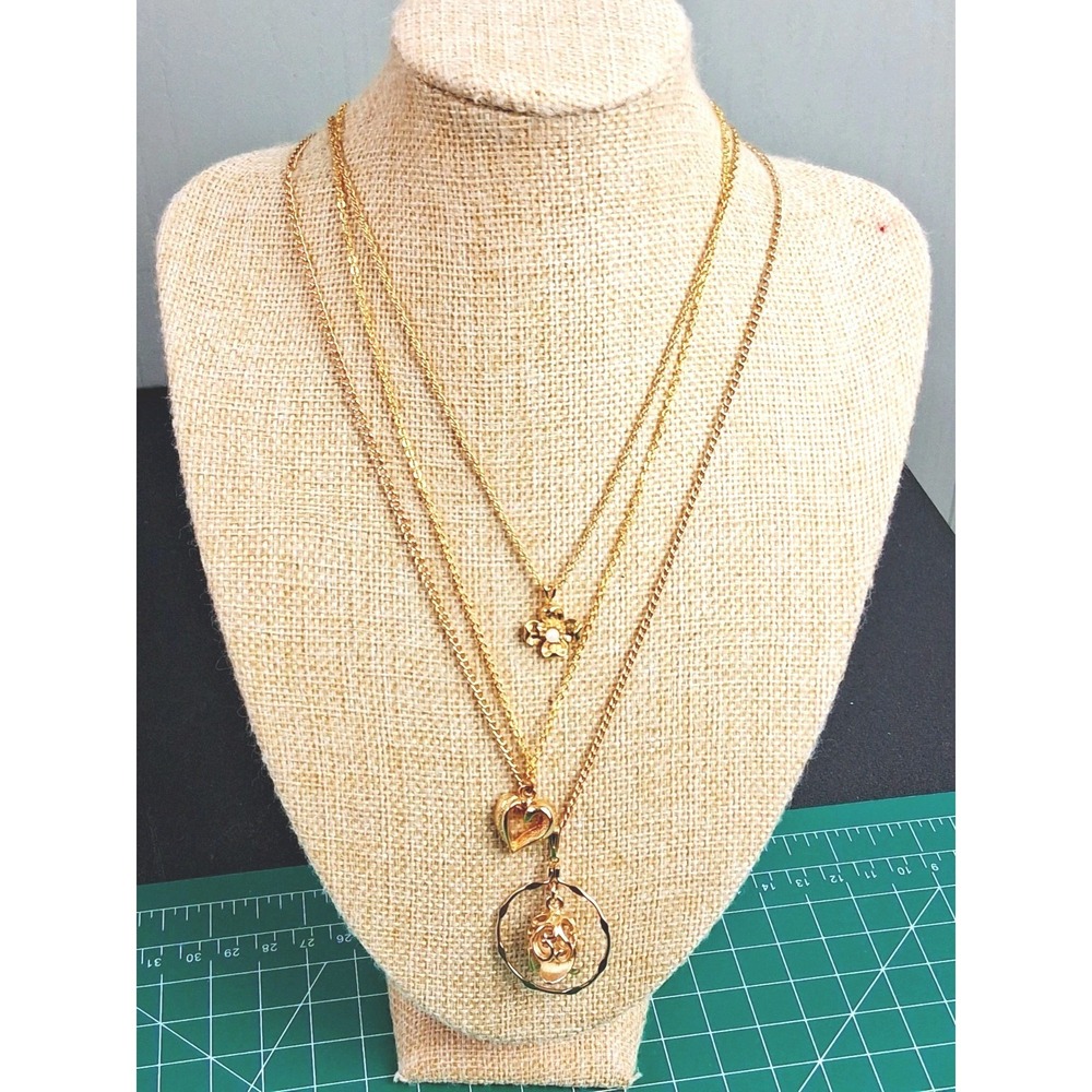 Lot of 3 Gold Tone Necklaces Dainty Feminine Heart Flowers Delicate 15" 17" 18"